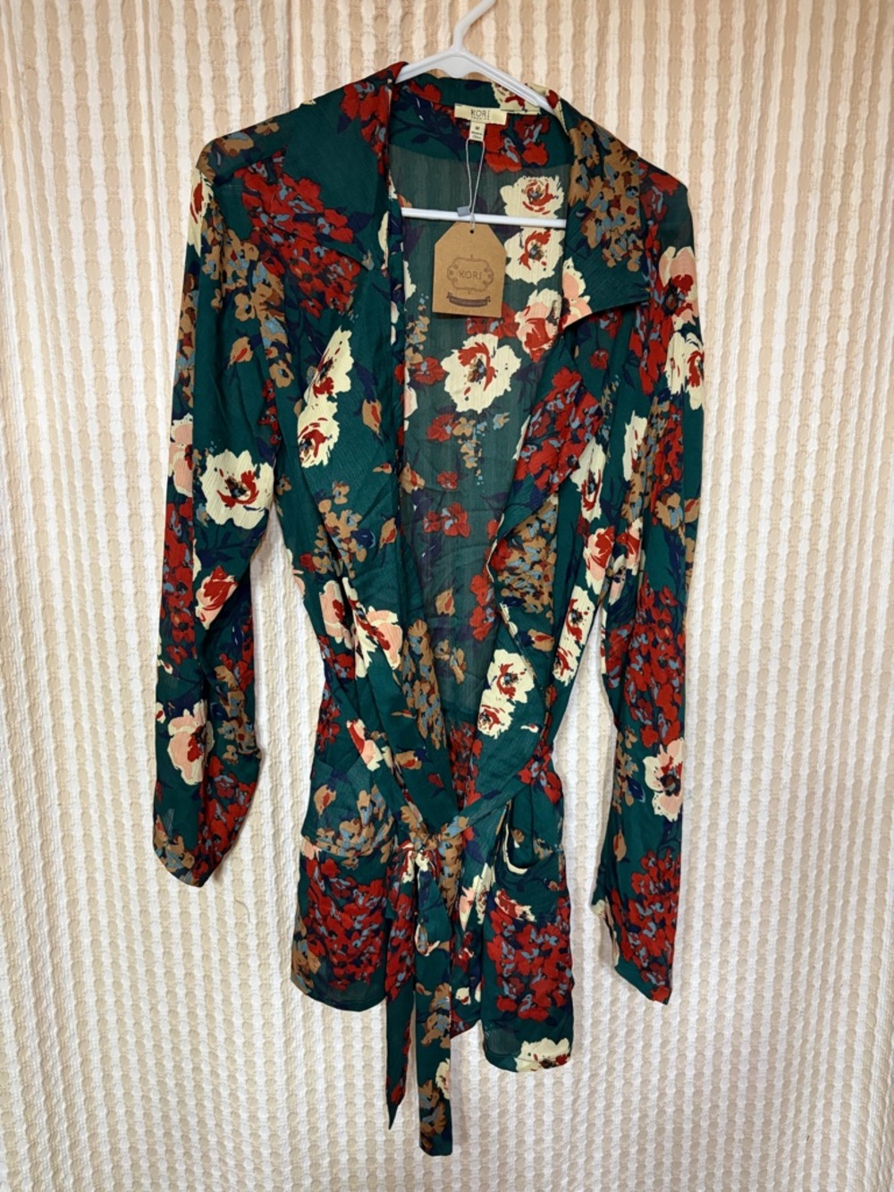 Green Floral open front Blouse with Cream & Red Flowers